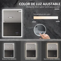kleankin Espejo de Baño con Luz LED Función Antivaho con Interruptor Táctil y Color de Luz Ajustable 70x50 cm Plata(m-7)