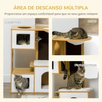 PawHut Casa para Gatos com 3 Casas de Madeira Almofadas Laváveis Placa de Arranhar e Rede 76x37x92,5cm Carvalho(m-4)