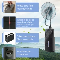 HOMCOM Ventoinha Nebulizadora 90W com Oscilação Depósito de Água 3,1L 3 Velocidades Temporizador e Rodas 44,5x44,5x135 cm Preto(m-9)