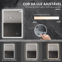 kleankin Espelho Casa de Banho com Luz LED Interruptor Tátil 3 Luzes Ajustáveis Função Anti-Embaciamento  70x50cm Prata(m-7)