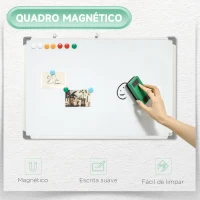 HOMCOM Quadro Magnético com Estrutura de Liga de Alumínio 90x60 cm Apagador 4 Marcadores e 10 Ímás para Escritório Casa Branco(m-4)