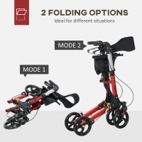 HOMCOM Folding Rollator Walker with Seat and Back, Lightweight Walking Frame with Removable Storage Bag, Dual Brakes, Adjustable Handle, 4 Wheeled Walker for Elderly, Handicapped, Red(m-7)