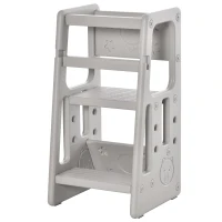 HOMCOM Leertoren voor kinderen, 3-traps in hoogte verstelbaar, antislip voeten, stevig plastic, grijs, 47 x 47 x 90 cm(m-1)