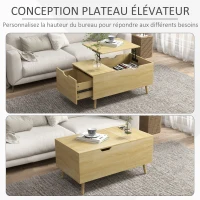 HOMCOM Table basse avec plateau relevable table de salon avec 1 grand tiroir cadre en acier 98 x 54 x 48 cm naturel(m-4)