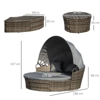Outsunny Outdoor PE Rattan Garden Furniture with Cushions, Patio Wicker Conversation Set, Round Daybed with Retractable Canopy, Coffee Table, and Three Pillows, Dark Grey(m-3)