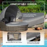 Outsunny Outdoor PE Rattan Garden Furniture with Cushions, Patio Wicker Conversation Set, Round Daybed with Retractable Canopy, Coffee Table, and Three Pillows, Dark Grey(m-6)