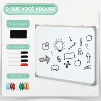 HOMCOM Quadro Magnético com Estrutura de Liga de Alumínio 90x60 cm Apagador 4 Marcadores e 10 Ímás para Escritório Casa Branco(m-5)
