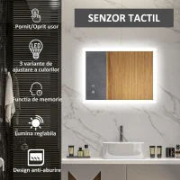 kleankin Oglinda de Baie Iluminata 800 x 600 mm cu Iluminare din Spate cu Lumini LED, Oglinda de Baie de Perete cu 3 Lumini, Intrerupator Tactil Reglabil, Folie de Dezaburire, Orizontala/Verticala(m-4)