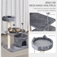 PawHut Árvore Arranhador para Gatos Médios com Cama Plataforma Caverna Poste de Sisal e Bolas de Brinquedo 60x40x81 cm Cinza(m-5)
