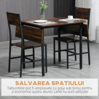 HOMCOM Set de mobilier din 3 piese, masa de bucatarie cu extensie plianta cu 2 scaune, masa pentru mic dejun pliabila pentru apartamente cu spatiu limitat, maro rustic(m-6)