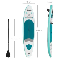 Outsunny Prancha de Paddle Surf Inflável 320x76x15cm Dobrável com Remo de Alumínio Ajustável Desmontável Bolsa de Transporte e Acessórios Branco e Turquesa(m-3)