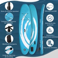 Outsunny Prancha de Paddle Surf Insuflável 300x76x15cm Prancha de Stand Up Insuflável com Remo Ajustável Barbatanas Superfície Antiderrapante Bomba e Bolsa de Transporte Azul(m-4)