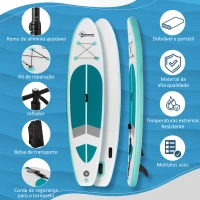 Outsunny Prancha de Paddle Surf Inflável 320x76x15cm Dobrável com Remo de Alumínio Ajustável Desmontável Bolsa de Transporte e Acessórios Branco e Turquesa(m-4)