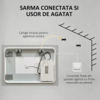 kleankin Oglinda de Baie Iluminata 800 x 600 mm cu Iluminare din Spate cu Lumini LED, Oglinda de Baie de Perete cu 3 Lumini, Intrerupator Tactil Reglabil, Folie de Dezaburire, Orizontala/Verticala(m-9)