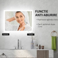 kleankin Oglinda de Baie Iluminata 800 x 600 mm cu Iluminare din Spate cu Lumini LED, Oglinda de Baie de Perete cu 3 Lumini, Intrerupator Tactil Reglabil, Folie de Dezaburire, Orizontala/Verticala(m-6)