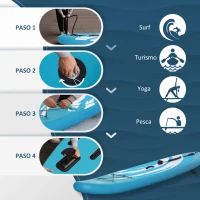 Outsunny Prancha de Paddle Surf Insuflável 300x76x15cm Prancha de Stand Up Insuflável com Remo Ajustável Barbatanas Superfície Antiderrapante Bomba e Bolsa de Transporte Azul(m-6)