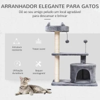 PawHut Árvore Arranhador para Gatos Médios com Cama Plataforma Caverna Poste de Sisal e Bolas de Brinquedo 60x40x81 cm Cinza(m-4)