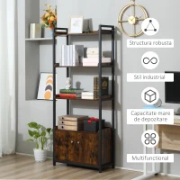 HOMCOM Biblioteca 4 rafturi cu dulap cu 2 usi in stil industrial(m-7)