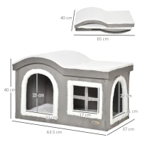 Pawhut Casuta pentru Pisici de Interior cu 2 Intrari si Fereastra, Perna si Baza Anti - Alunecare, 63.5x37x40cm - Alb/Gri(m-3)