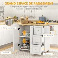 HOMCOM Desserte îlot de cuisineplateau rabattable 3 tiroirs 1 placard porte-torchons et porte-épices 111,5 x 75 x 89 cm blanc(m-5)