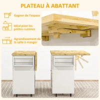 HOMCOM Desserte îlot de cuisineplateau rabattable 3 tiroirs 1 placard porte-torchons et porte-épices 111,5 x 75 x 89 cm blanc(m-6)