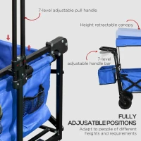 Outsunny Folding Trolley Cart Storage Wagon Beach Trailer 4 Wheels with Handle Overhead Canopy Cart Push Pull for Camping, Blue(m-5)