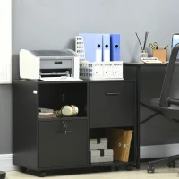 Vinsetto Dulap de Birou cu 2 Sertare pentru Dosare si Rafturi Deschise din PAL, Manere din Otel, Roti cu Blocare, 80x40x66cm, Negru(m-2)