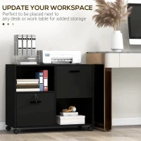 Vinsetto Dulap de Birou cu 2 Sertare pentru Dosare si Rafturi Deschise din PAL, Manere din Otel, Roti cu Blocare, 80x40x66cm, Negru(m-4)