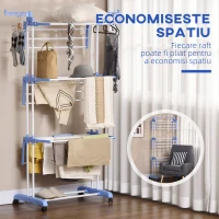 HOMCOM Uscator de rufe extensibil pe 4 niveluri cu 4 roti, din otel si pp, 73x64x177 cm, Albastru si Argintiu(m-6)