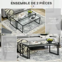 HOMCOM Lot de 2 tables basses gigognes tables de salon rectangulaires design en acier noir et plateaux en verre trempé(m-4)