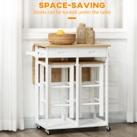 HOMCOM Kitchen Island Set with 2 Stools, Bamboo Breakfast Cart with Drop Leaf Top, Drawers and Towel Rack, Rolling Kitchen Cart and Chairs Set, White(m-7)