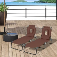 Outsunny Lot de 2 Bains de Soleil Pliable transat inclinable 4 Positions Chaise Longue de Lecture 3 Coussins fournis Marron(m-2)