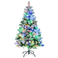 HOMCOM 4.5' Artificial Snow Christmas Trees with Frosted Branches, Warm White or Colourful LED Lights, Steel Base(m-1)
