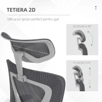 Vinsetto Scaun de Birou cu Inaltime Reglabila cu Tetiera, Suport Lombar si Cotiere Rabatabile, 65x64x120-130 cm, Gri si Negru(m-7)