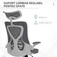 Vinsetto Scaun de Birou cu Inaltime Reglabila cu Tetiera, Suport Lombar si Cotiere Rabatabile, 65x64x120-130 cm, Gri si Negru(m-6)