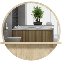 kleankin Oglindă de Baie Rotundă din PAL și Sticlă cu Raft pentru Depozitare și 2 Cârlige pentru Fixare, Ø45x10 cm, Lemn Natural(m-1)