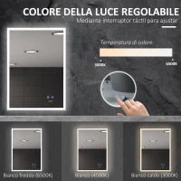 kleankin Specchio Bagno con Luce LED, Funzione Anti-Appannamento e Tasti Touch, 70x50cm, Argento(m-7)