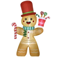 HOMCOM 7.5ft Christmas Inflatable Gingerbread Man with Candy Cane and LED Lights, Blow-Up Outdoor LED Garden Display for Lawn, Party(m-1)