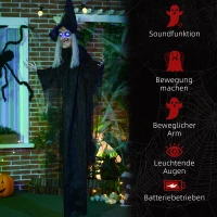 HOMCOM Halloween-heks, Halloween-decoratie, geluidsfunctie, met bewegingssensor, LED-lichten, 130 cm x 18 cm x 183 cm(m-7)
