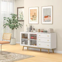 HOMCOM Aparador de Comedor con 2 Puertas de Cristal 3 Cajones y Patas de Madera de Caucho para Cocina Salón 160x40x80 cm Blanco(m-7)