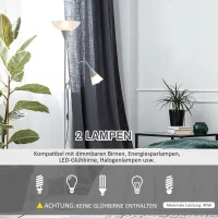 HOMCOM Moderne Stehlampe 2 Köpfe Verstellbares Leselicht, Standleuchte, Doppelköpfes Design mit Stahlfuß,Silber, Weiß, 28 x 28 x 179,5 cm(m-6)