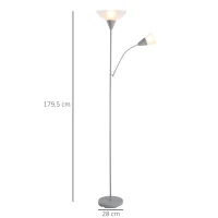 HOMCOM Moderne Stehlampe 2 Köpfe Verstellbares Leselicht, Standleuchte, Doppelköpfes Design mit Stahlfuß,Silber, Weiß, 28 x 28 x 179,5 cm(m-3)