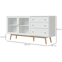 HOMCOM Aparador de Comedor con 2 Puertas de Cristal 3 Cajones y Patas de Madera de Caucho para Cocina Salón 160x40x80 cm Blanco(m-3)