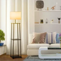 HOMCOM Stehlampe mit Regal Standleuchte Lampe Sockel E27 Polyester Stahl MDF Schwarz+Cremeweiß 34,5 x 34,5 x 150 cm(m-2)