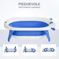 HOMCOM Vaschetta Bagnetto Pieghevole per Bambini 0-3 Anni con Indicatore di Temperatura e Cuscino, 81.5x50.5x23.5 cm, Blu(m-7)