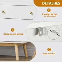 HOMCOM Aparador de Sala de Estar com 2 Portas de Vidro 3 Gavetas e Pés de Madeira de Borracha 160x40x80 cm Branco e Madeira(m-6)