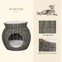 Pawhut Rattan Katzenkorb zweistöckiges Katzenbett Katzenhöhle Katzenturm mit 2 Kissen Liegedach Dunkelgrau Ø50 x 43,5 cm(m-5)