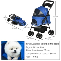 PawHut Carrinho dobrável para animais de estimação desmontável para cães de aço Oxford rodas giratórias freios janela 67x45x96 cm azul(m-3)