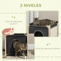 PawHut Cama Cueva para Gatos de Interior con Cojín Extraíble Rascador de Sisal y Marco de Madera 40x40x40,5 cm Gris(m-6)