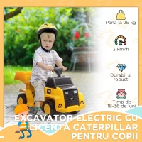 HOMCOM Camion Jucarie Electric cu Licenta CAT, Bena de Descarcare Posterioara, Faruri si Efecte Sonore pentru Copii 18-36 Luni, 74.5x36x43.5 cm, Galben si Negru(m-6)